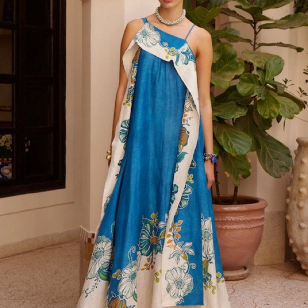 Blue & Cream Floral Maxi Dress Loda gown